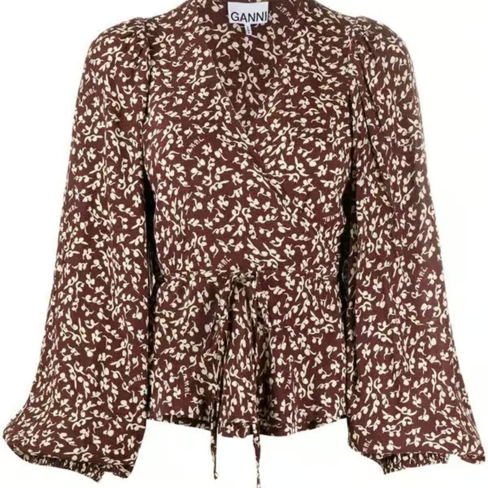 Ganni Floral Print Wrap Peplum Top Long Sleeve Brown Sz 2